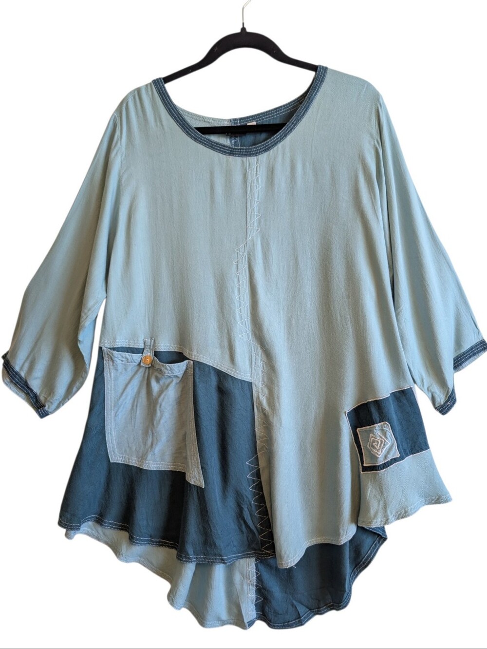 Iguana Teal Tunic Blouse Rayon 3/4 Sleeve Art To Wear Beach Peasant Boho